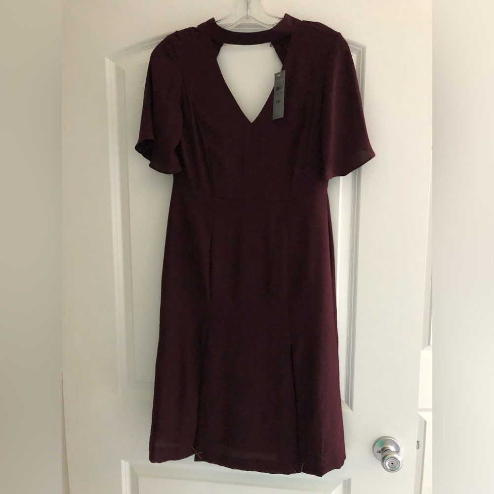 Ann Taylor Burgundy V-neck front slit midi dress